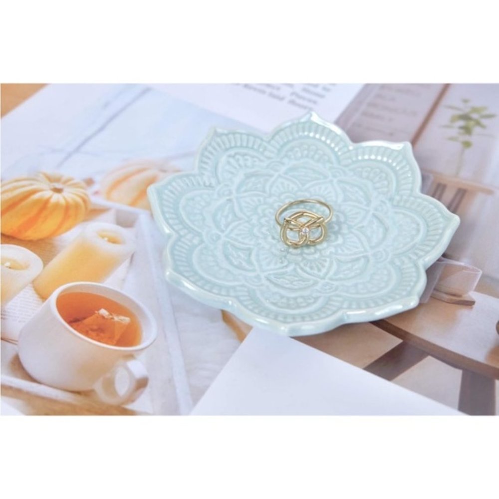 Indie Mandala Floral Blue Boho Hamsa Jewelry Trinket Ring Dish Ceramic Holder - Picture 2 of 8